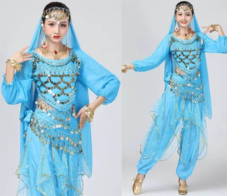 Conjunto de 4 trajes de danza del vientre para mujer, traje de danza del vientre de Egipto Oriental, trajes de Bollywood, ropa de escenario de danza del vientre India