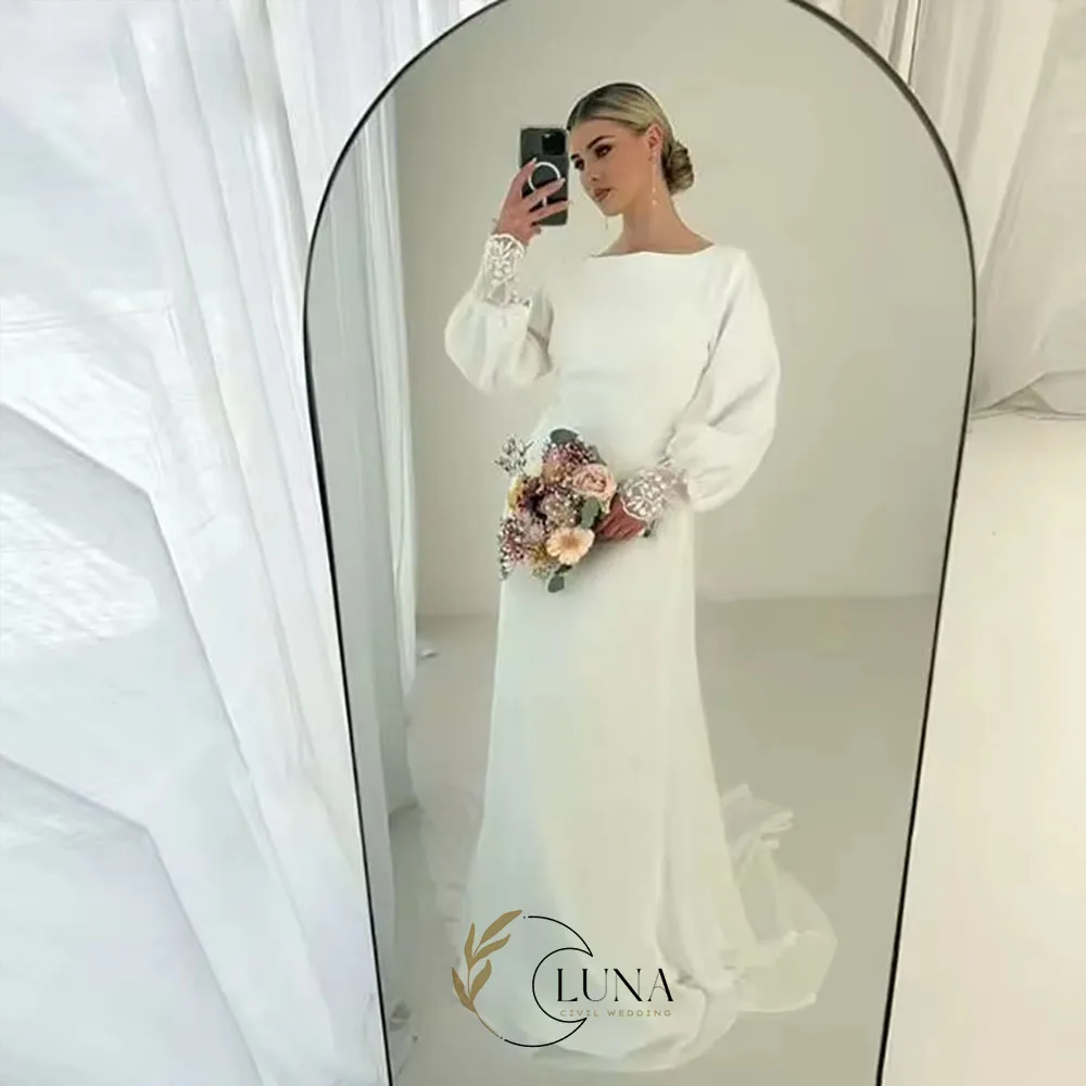 Luna Muslim Modest Wedding Dresses O-Neck Long Sleeves Arabic Bridal Gown Mermaid Engagement Gown Vestidos De Novia Customized