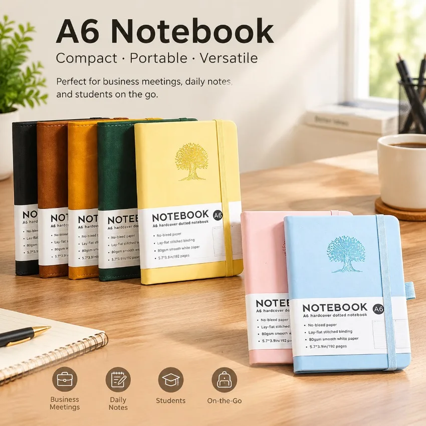 A6 Elastic Band Leather Notebook Embossed Tree Pattern Pocket Size Business Meeting Daily Student Journal Writing Stationery