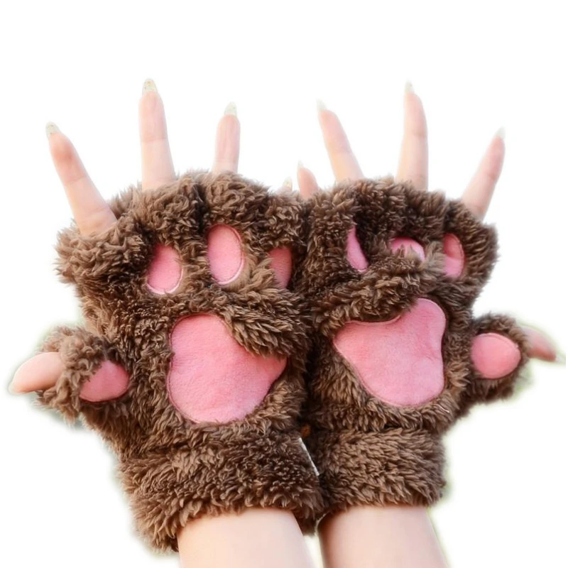 Kawaii Women Cat Gloves Fashion Girls Cat Claw Paw Plush Mittens Warm Soft Plush Short Fingerless Half Finger Winter Gloves