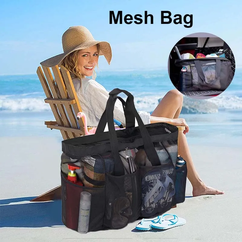 Mesh Beach Bag Large Beach Tote Bag for Family  Mesh Durable Toys Bag Waterproof Underwear Pocket for Vacation Must Haves