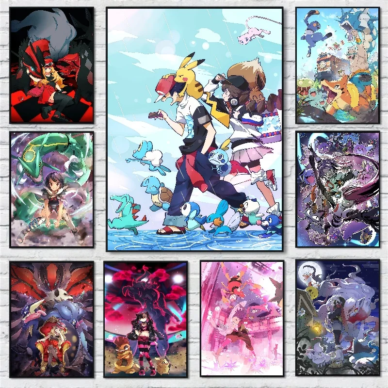 

Pokemon Anime Peripherals Gengar Posters Pikachu Kawaii Art Picture Water Colours Canvas Painting for Kids Bedroom Wall Decorate