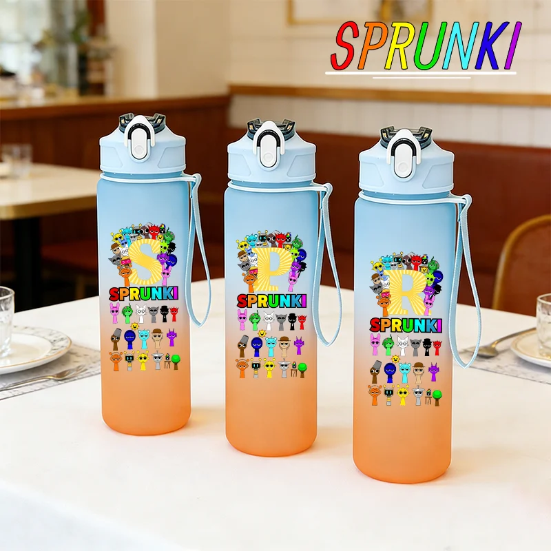 

750ML Sprunkis Gradient Color Water Bottle with Straw Game Figure Print Drinking Cups Summer Large Capacity Cute Plastic Bottles