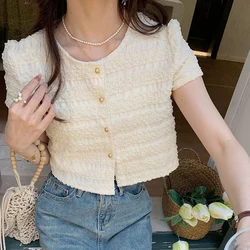 Rimocy Summer Short Sleeve Jacket Women 2024 Chic Round Neck Single Breasted T Shirts Woman Solid Color Simple Cropped Coats