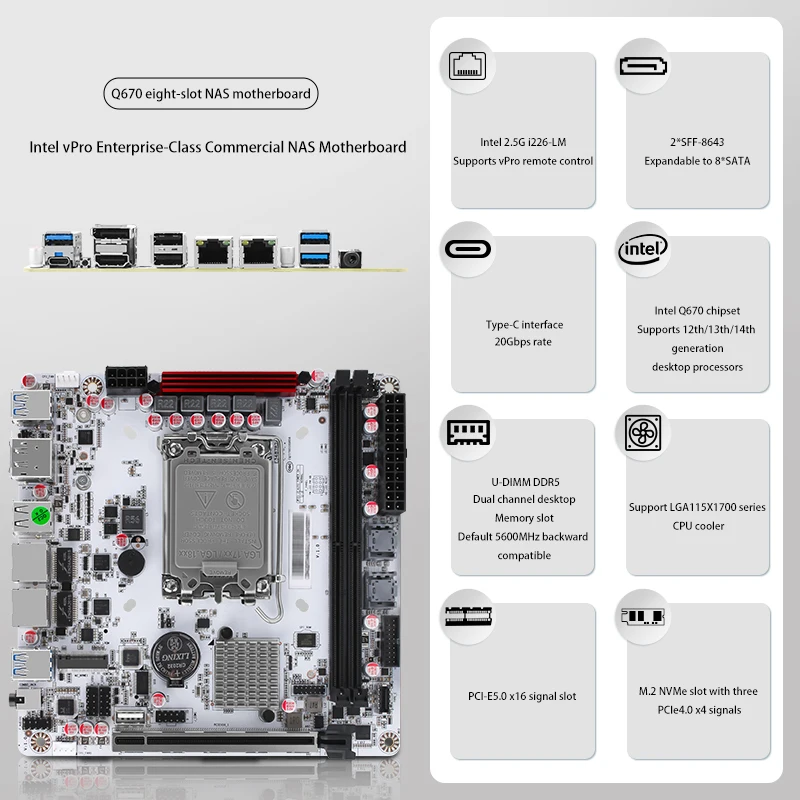 Actualización de la placa base Q670-8Bay NAS Mini ITX, compatible con procesadores Intel de 12-14, 8 puertos SATA3.0, I226LM 2.5G con vPro