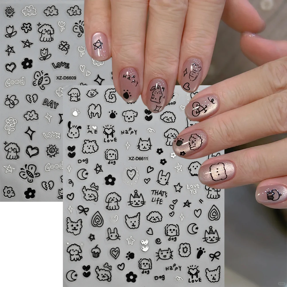 12Pcs Cartoon Black Cat Dog Nail Art Sticker Cute Graffiti Animal Cat Dog Adhesive Sliders 3D Star Heart Bowknot Manicure Decals