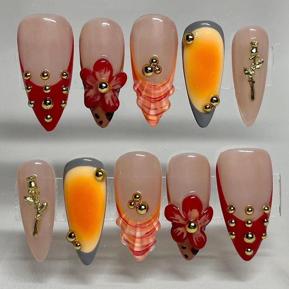 

Short Almond French Hand Painted Press On Nails Art Party Sticker 3D Lily Flowers Shell Red Gel Gold Steel Ball Rose Nails Att