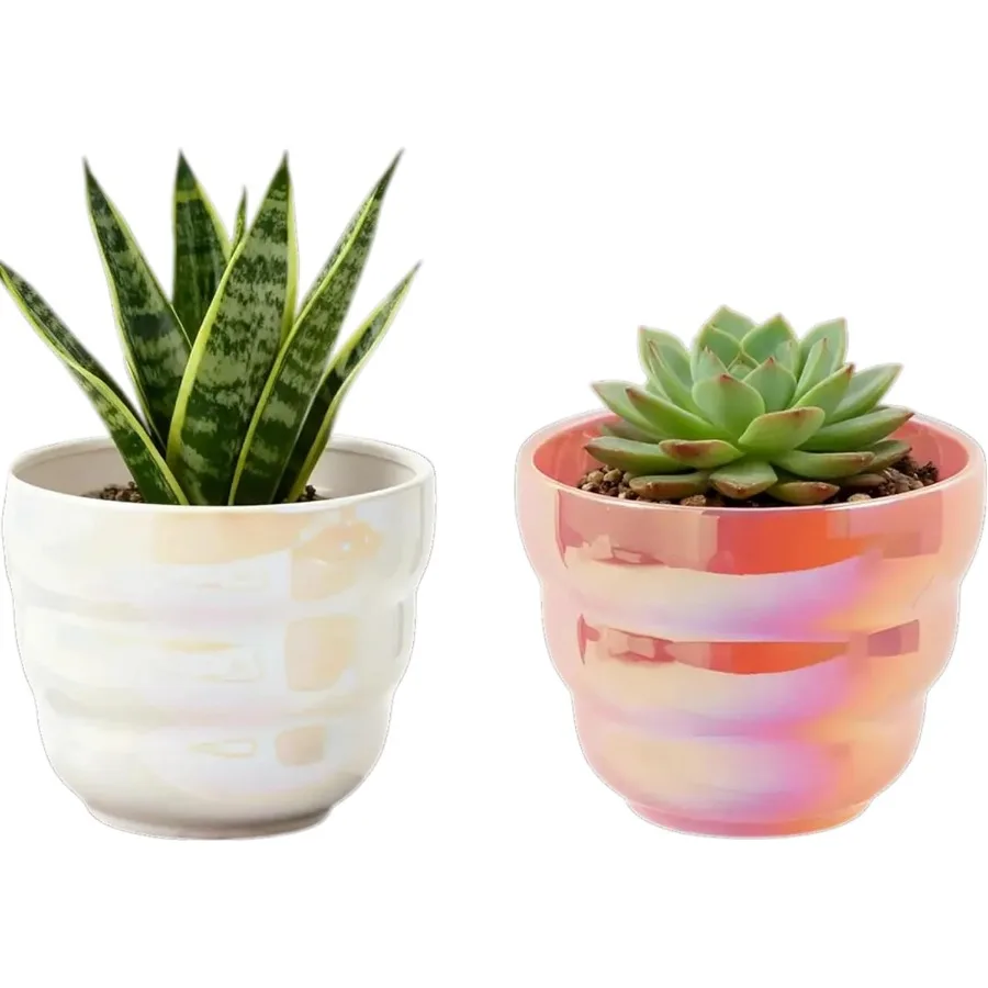 

Набор из 2 предметов: 6-дюймовые круглые горшки для комнатных растений с радужной жемчужной глазурью и дренажными отверстиями Современные белые и розовые керамические горшки