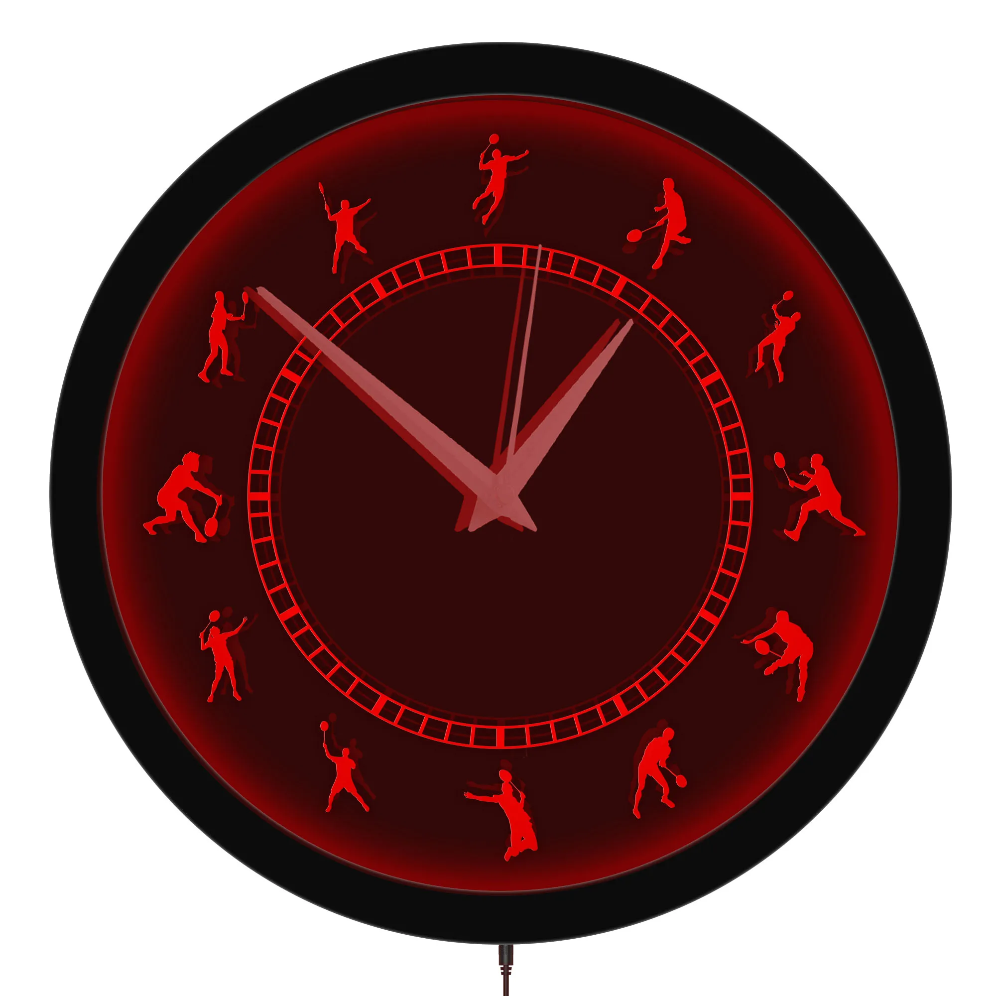 Badminton Player LED Neon Sign Light Wall Clock for Bedroom Living Room Racket Sport Home Decor Metal Frame Light Up Wall Clock
