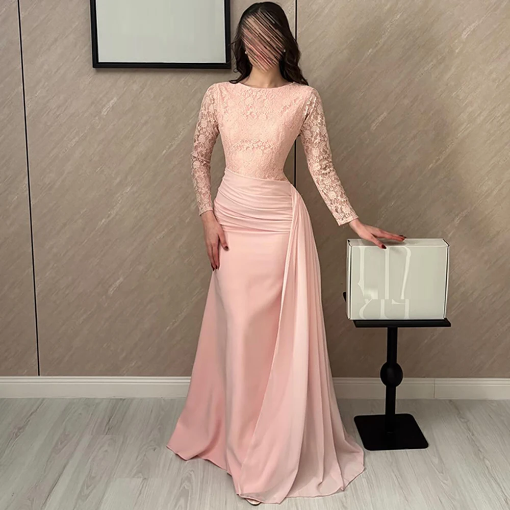 

High Quality Pink Jersey Evening Dress Graceful Long Sleeves Prom Dresses Fashion Panel Train Customized Special Occasion Gowns