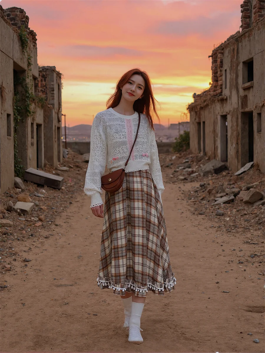 チェック柄ミディスカート レディース コットン 流れるようなパッチワーク エレガント シック フリル カジュアル シンプル ハイウエスト 快適 アップリケ