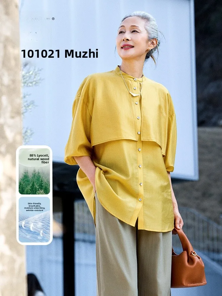 

Muzhi Laisel Mid-aged And Elderly Women's Long-sleeve T-shirt Summer Fashion Casual Loose Fit Shirt Button Detail Straight Hem