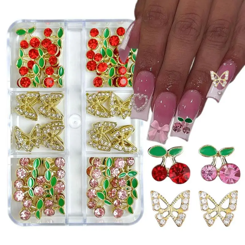 

1Box/60PCS Exquisite Simulated Cherry Nail Charms Alloy Gold Silver Butterfly Mini Rhinestone Inlaid Nail Art Decorations DIY