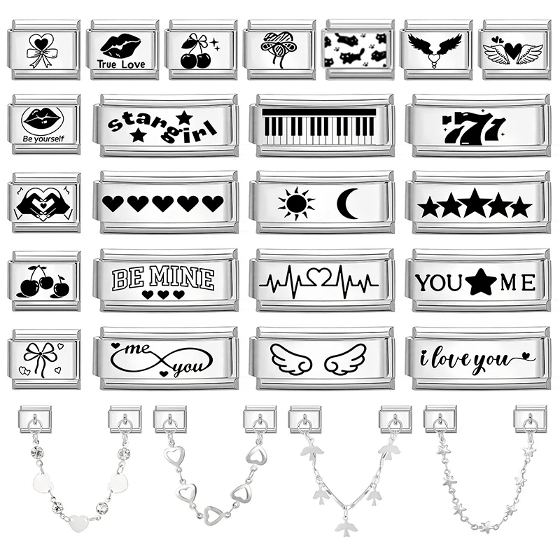 Laser Engraving Piano Heart Star Wings NO.7 Lips Italian Charm Links Fit 9mm Bracelet Stainless Steel Men Women DIY Making Gifts
