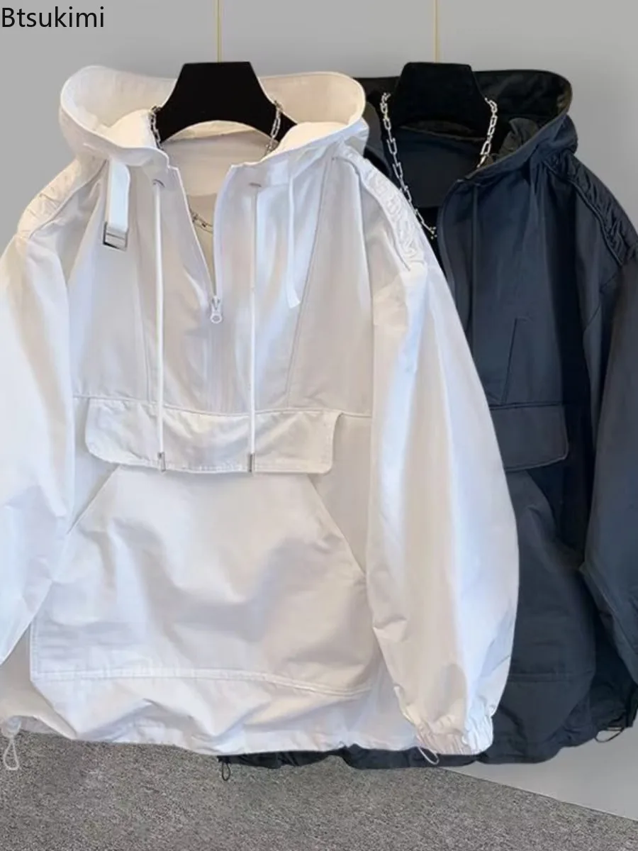 

2025 New Men's Loose Casual Hoodies Spring Autumn Korean Style Hooded Pullover Coats Fashionable Splice Design Men Cargo Jackets