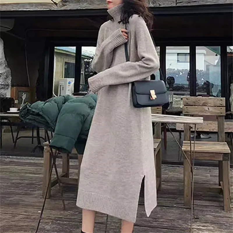 

Dresses Women Long Dress Knitted Turtleneck Full Sleeve Elegant Splice Temperament Casual Loose Autumn Winter Knit Vestidos