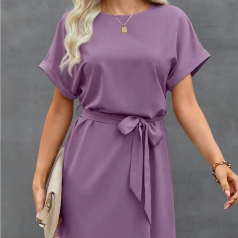 Nowa Moda Sukienka Casualowa Jednolita Kolorystyka Damska Letnia Okrągły Dekolt Krótki Rękaw Luźna Talia Wiązana Plus Size Satynowe Sukienki