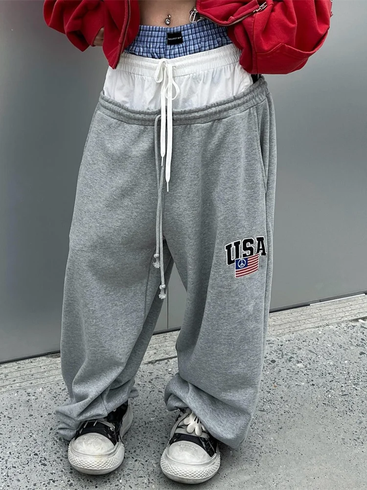 

Spor Dstring Embroidered Flag Patchwork Wide Leg Sweatpants ex Casual Trousers AILZ PROJECT mid Waist Long Pants