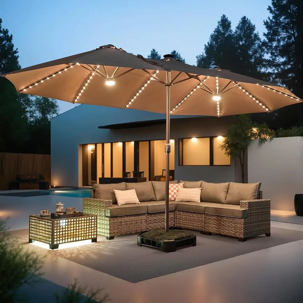 15ft Solar-Powered Patio Umbrella with RGB Lights and Base for Outdoor Decks and Poolside