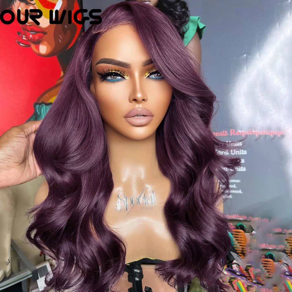 Borgonha escuro onda do corpo perucas dianteiras do laço roxo profundo sintético pré arrancado perucas do laço resistente ao calor perucas sem cola com cabelo do bebê