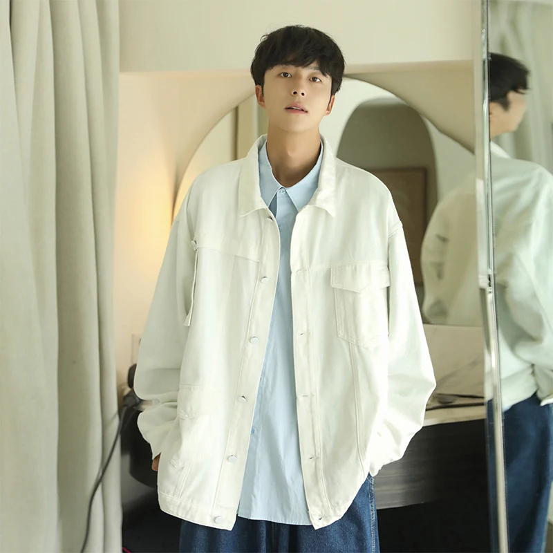 

Men's Denim Jaet Spring Autumn Faionable Retro Hong Kong Sle Workwear irt Sle Coat Loose Fit Long Sve Button Decor