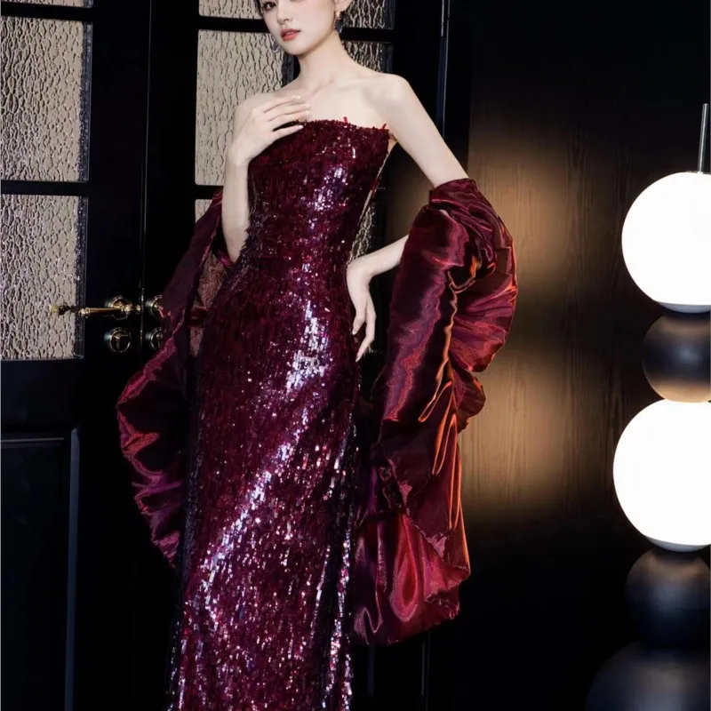 New Burgundy banquet host toasting dress with strapless