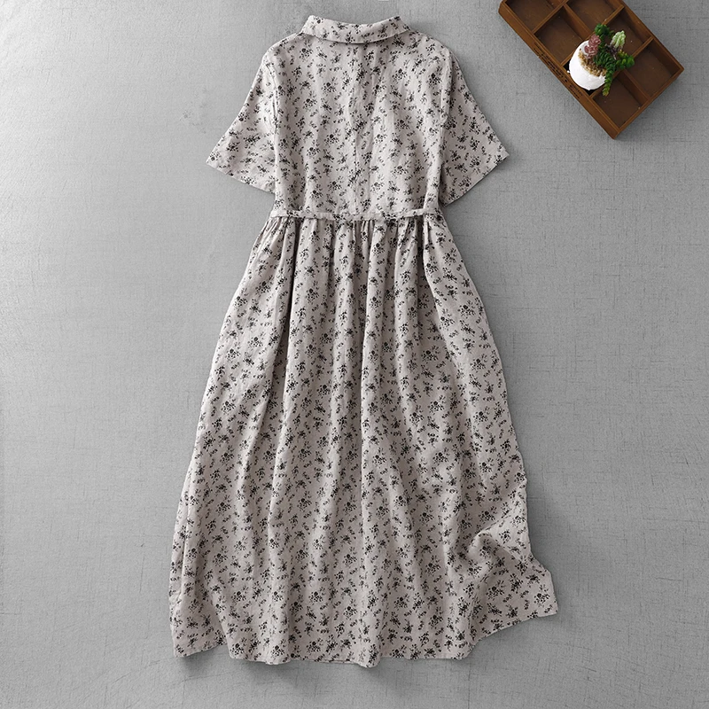 Summer Floral Cotton Linen Dr Midi Length ort Sve Babydoll Collar Slimming Skirt Wide Hem irt Dr Thin