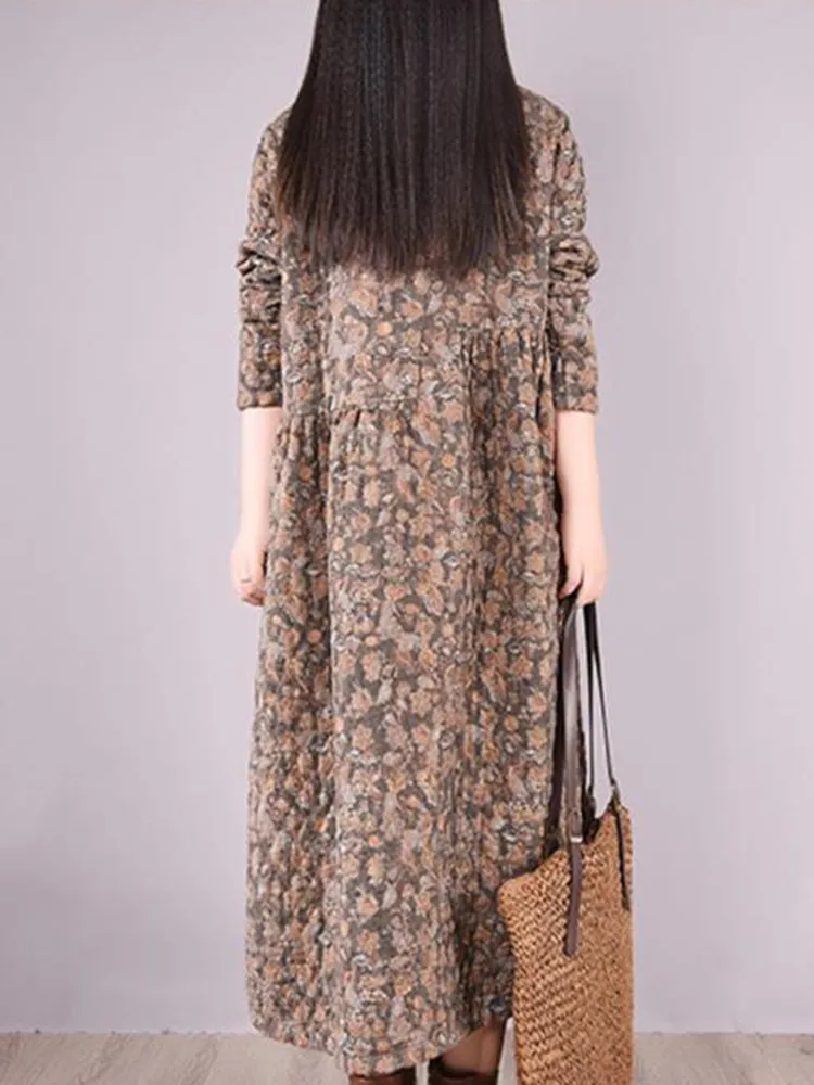 Women Casual Dress New 2022 Autumn Vintage Style Turn-down Collar Print Loose Comfortable Female A-line Long Dresses D461