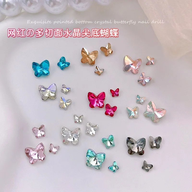 30PCS Various Sizes Super Sparkling Colorful Sharp Bottom Crystal Butterfly Nail Art Rhinestones Decorations Manicure Ornaments