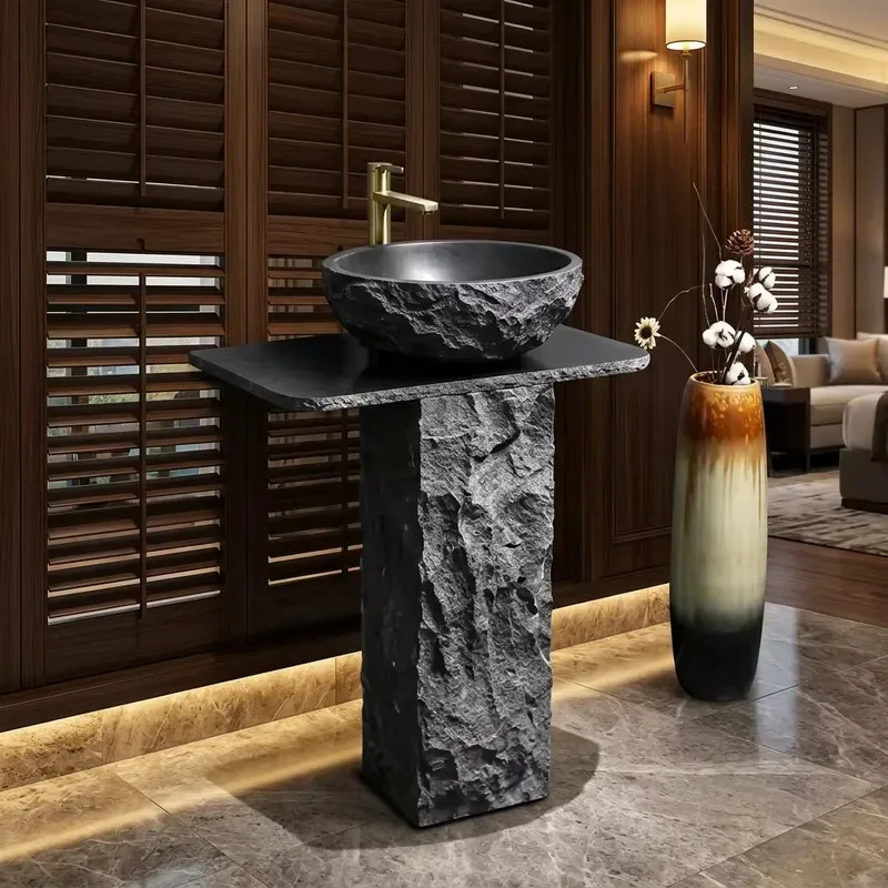 Natural Black Granite Stone Pedestal Sink with Countertop Rustic Rough Surface Bathroom Basin for Courtyard Home Decor