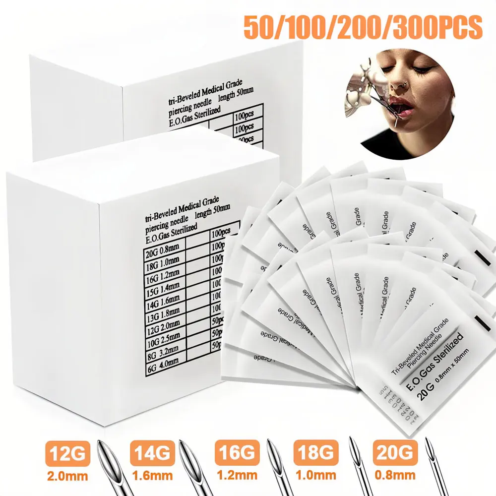 300/200/100/50PCS Piercing Needles E.O.Gas Sterilized Disposable Body Piercing Needle for Ear Nose Navel Nipple Piercing Tool