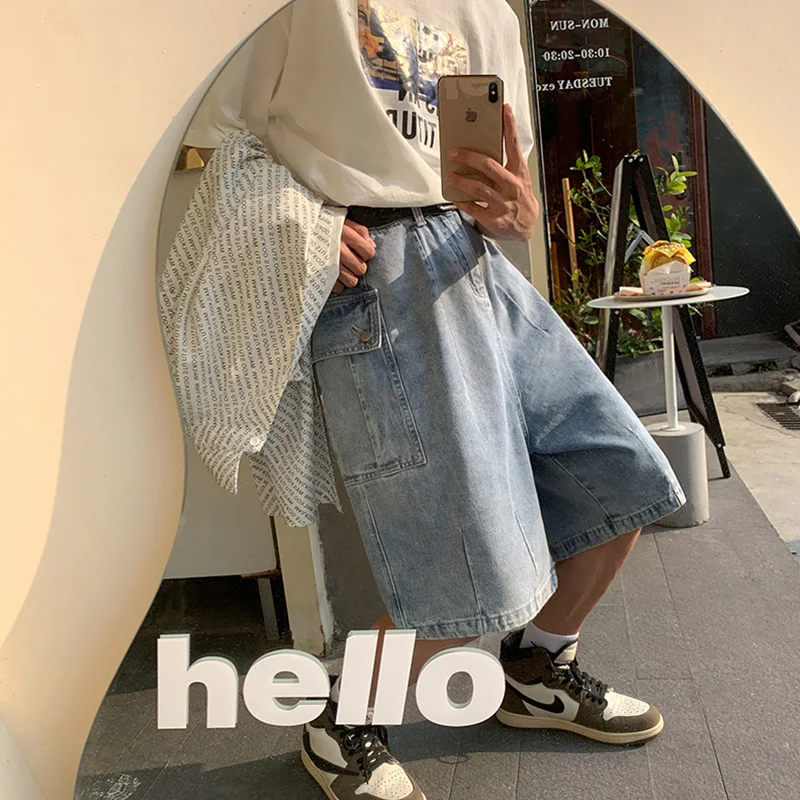 

Summer Men's Loose Fit Denim orts Street Sle Wide Leg Five-Quarter Pants Trendy Casual Straight Cut Waed Jeans