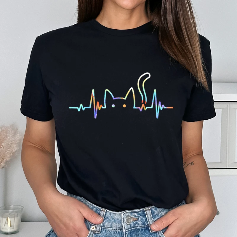 Rainbow Cat Heartbeat Graphic T Shirts Cat Lover Gift Short Sleeve Tee Rainbow Cats Design Soft Casual Top Cat Moms/Dads T-shirt