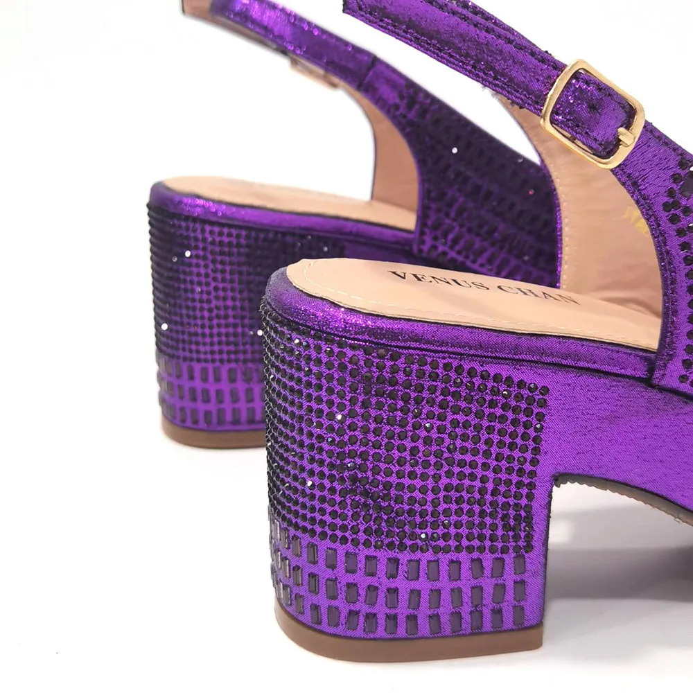 High Heels 2024 Women\'s Purple Luxury Designer Split Square Toe Rhinestone Wedding Shoes and Wedding Set