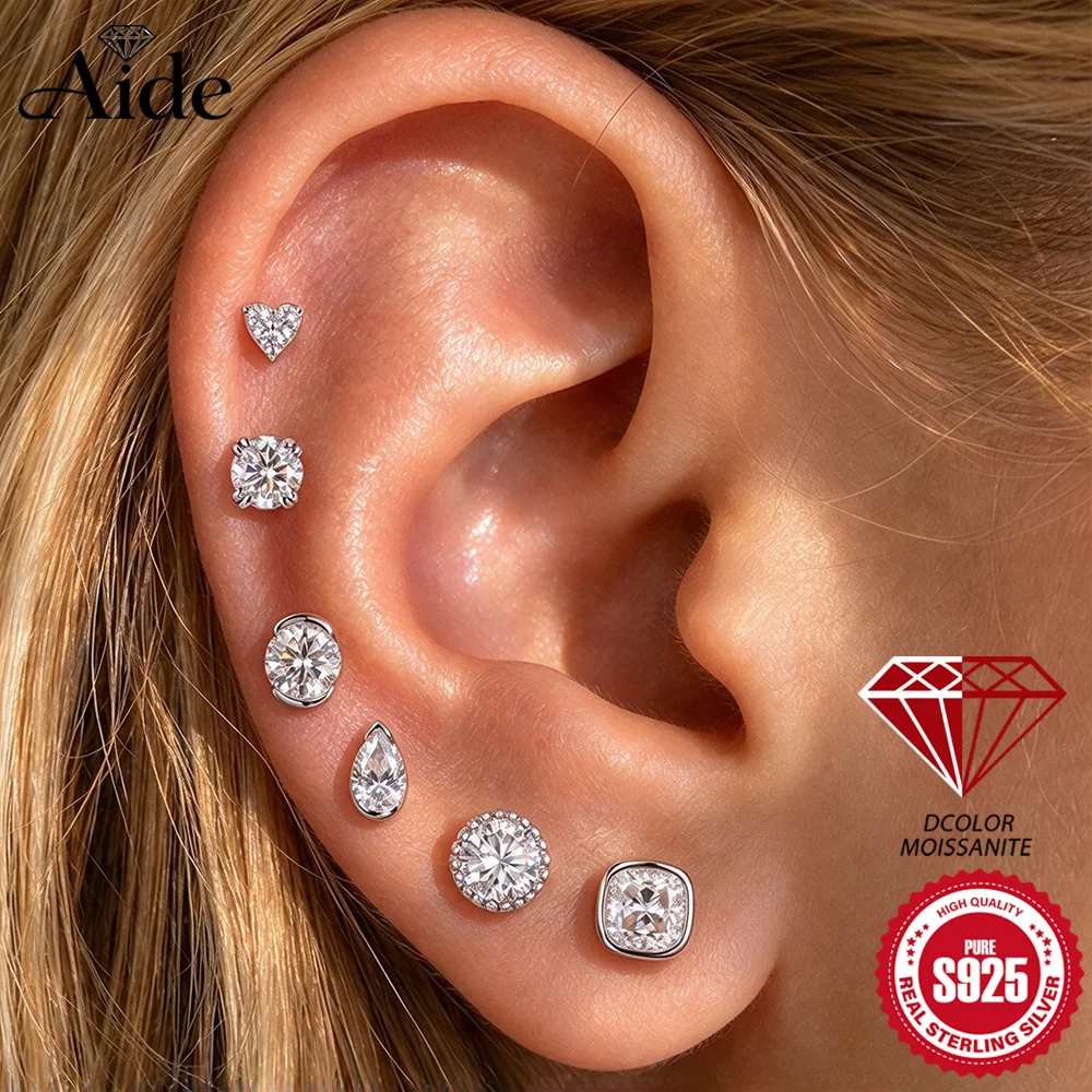 AIDE 1pc Moissanite Women's Multi Size 925 Sterling Silver Classic Square/WaterDrop Geometric Cartilage Helix Piercing Earrings