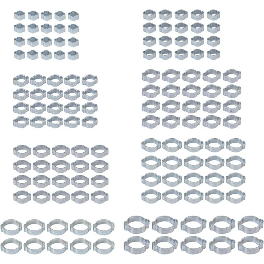 140pcs Double Ear Hose Clamp Assortment - Wide Adjustable 5-23mm Zinc-Plated Steel Double Ear Hose Clamps