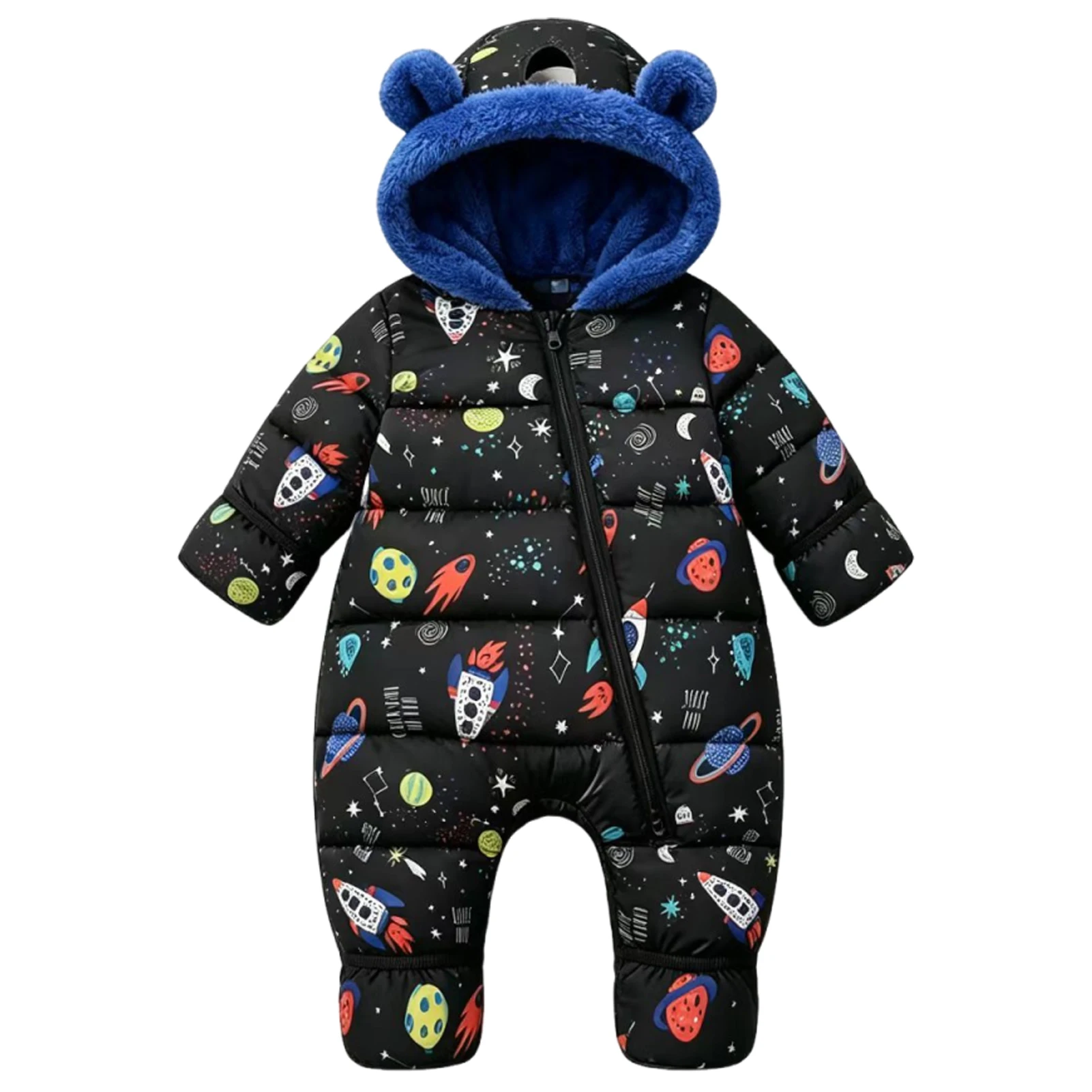 Baby Winter Snowsuit,Hooded Footed Jumpsuit,Cartoon Print Warm Fleece Padded Romper,Infant One‑piece Outfit for Newborn Toddlers