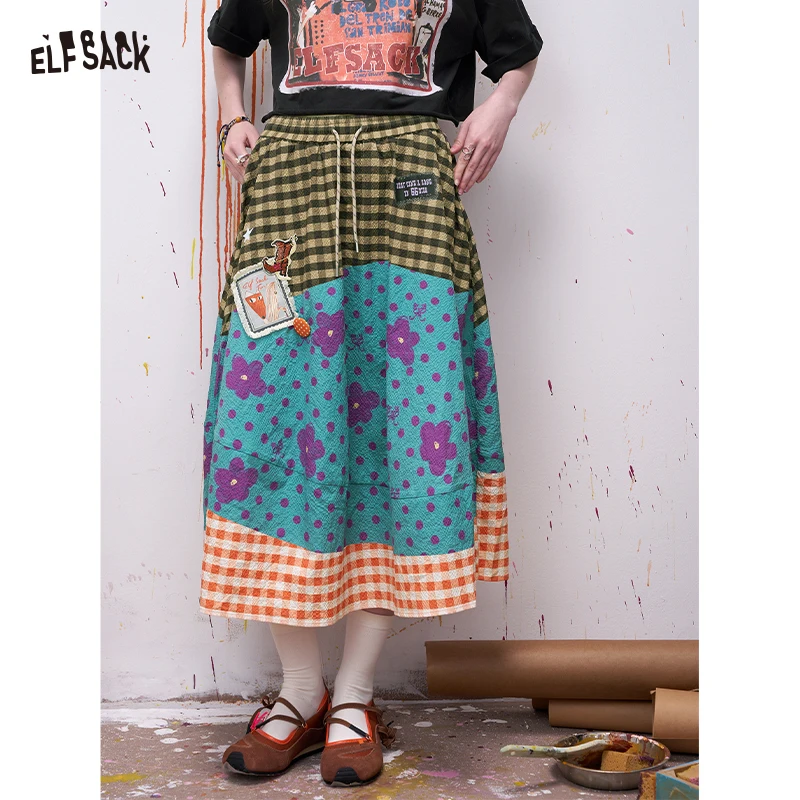 

Юбка миди ELFSACK с цветочным принтом и клетчатым узором, расклешенная юбка А-силуэта из жаккарда, милая юбка в стиле коттеджкор для женщин