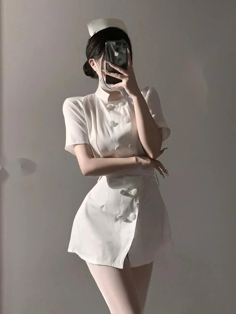 Fashion Mini Dress Sexy Uniform Tempting Pure Desire White Nurse Uniform Cosplay Hot Dress Elegant Korean Women Tops STY0