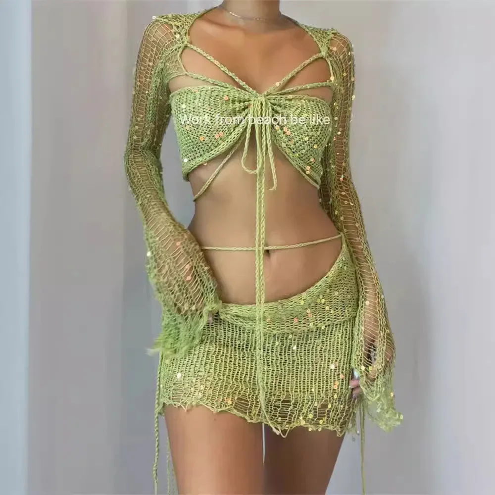 Chic Summer Y2k Sexy 3-piece Set Skirt Suit Long Sleeve Cropped Top Bras Mini Skirts Beach Sets Women Clothing Trend Streetwear