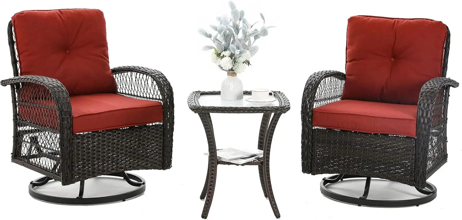 Red Wicker 3 Pieces Patio Furniture Set with Swivel Glider Rocker and Thickened Cushions for Porch