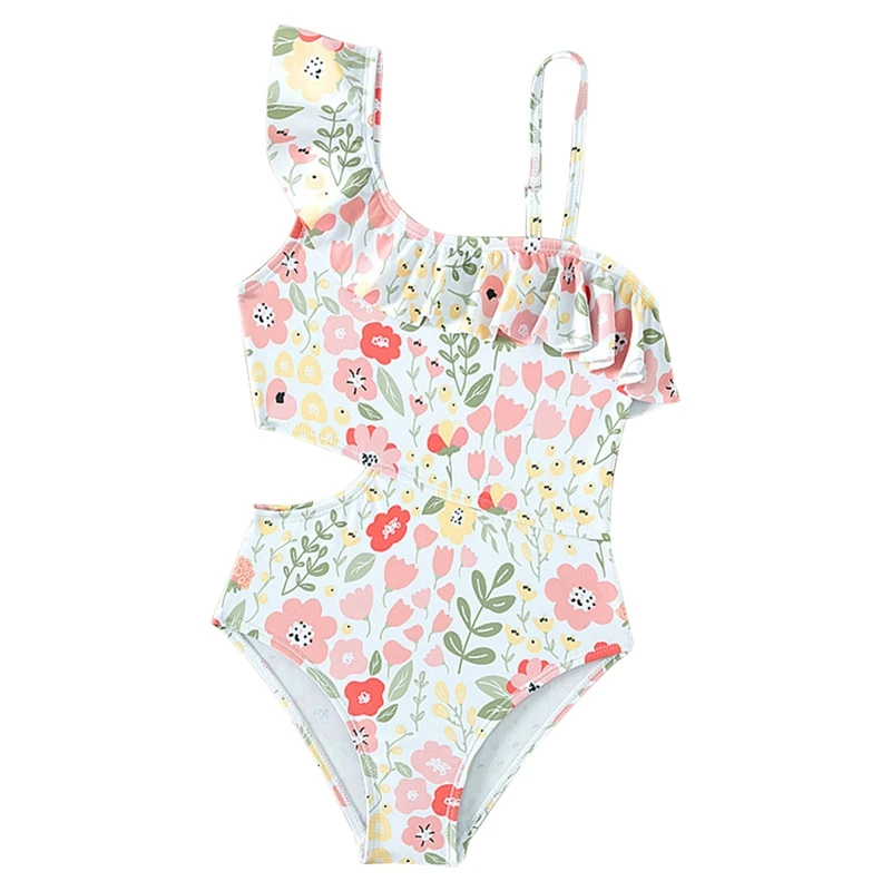 Girl One Piece Swimsuit Kids Asymmetrical One Shoulder Floral Print Bathing Suit Teenagers Monokini Hollow Out Children Swimwear