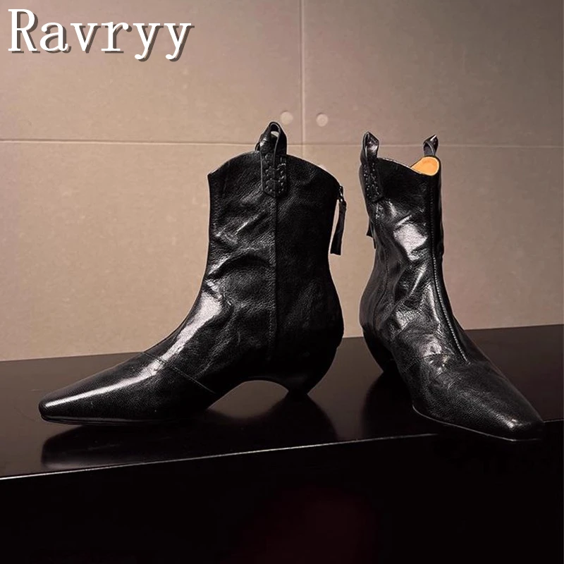 

New Arrival Square Toe Wedge Women Ankle Boos Retro Pleated Back Zip Thick Heel Short Boots Autumn Winter Fashion Shoes