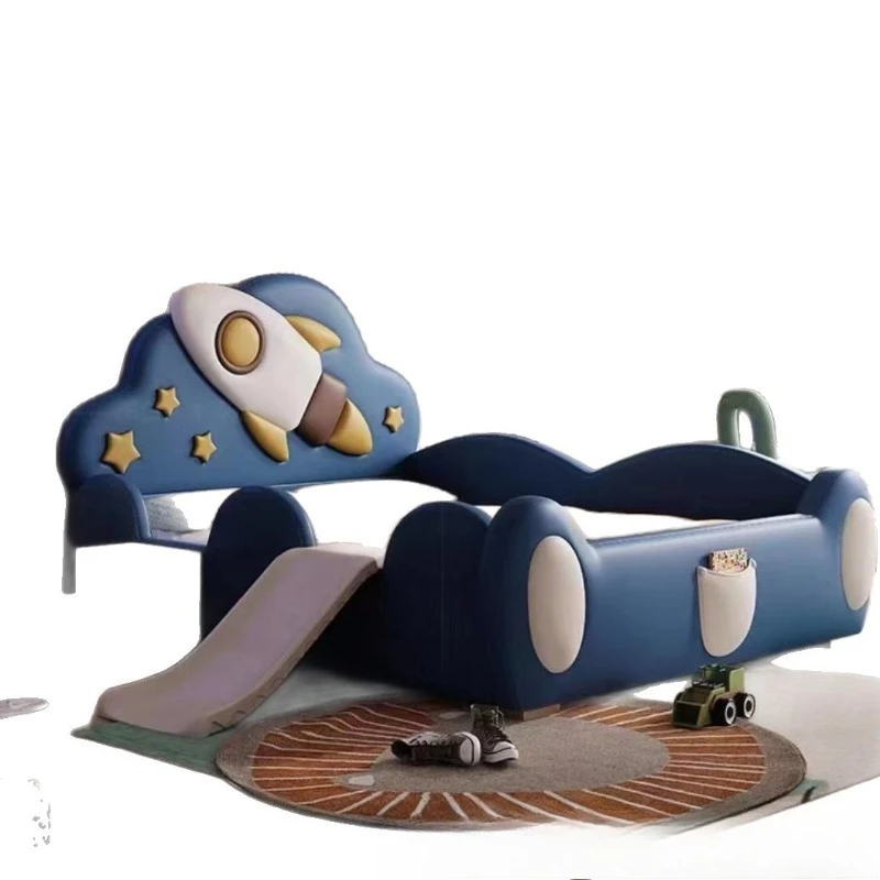 Space shuttle cartoon bed, boys single leather bed, soft bag backrest safety guardrail bed, boys boys double bed