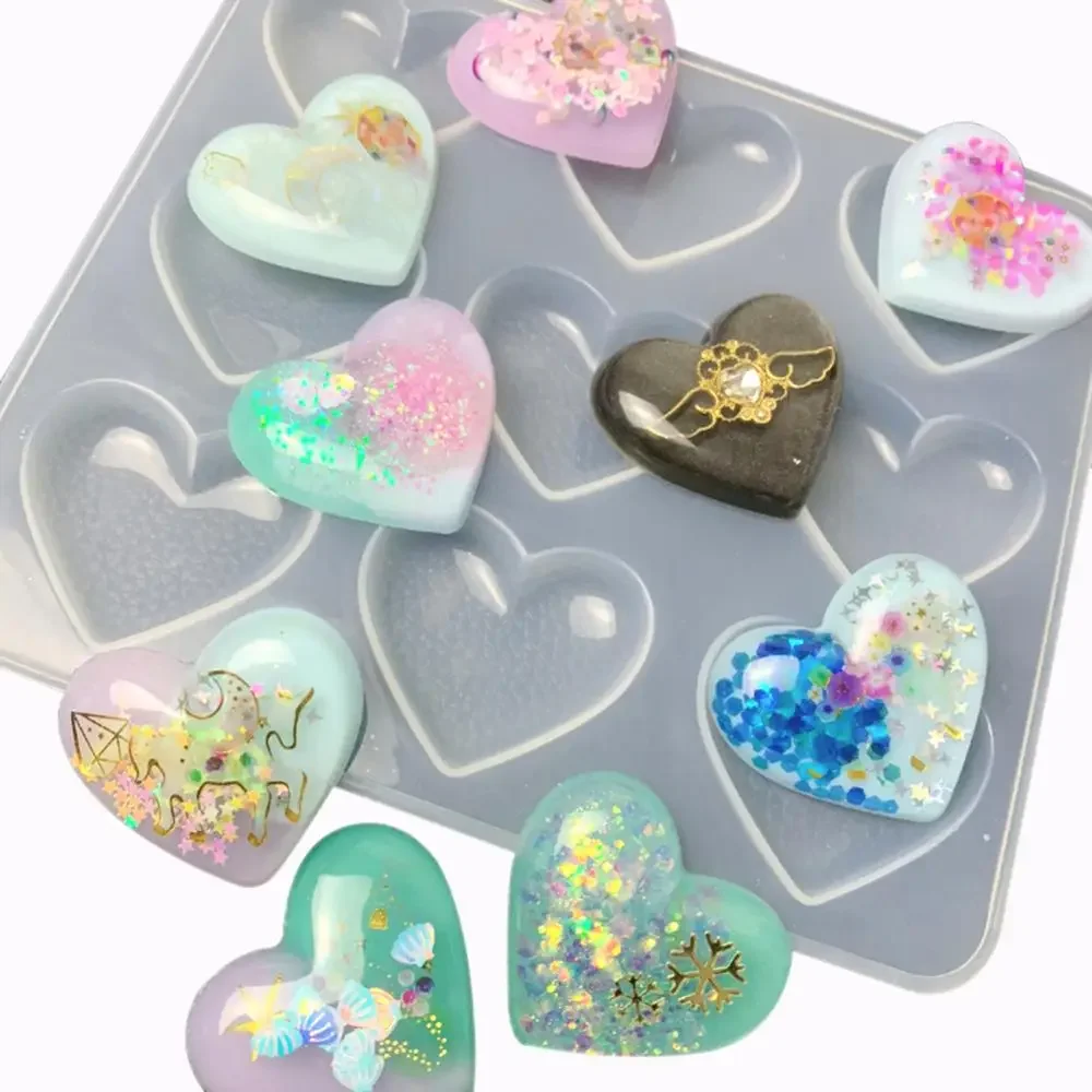 9-Cavity Clear Shiny Heart Silicone Mold DIY Resin Puffy Heart Charms Pink Molds Baking Tool Epoxy Jewelry Cabochons Making