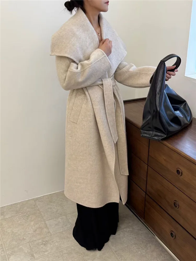 Turn Down Collar Double Wool Side Long Trench Wool Coat Women Fashion Thick Loose Winter Jacket 2025 Korean Coat Suit for Women