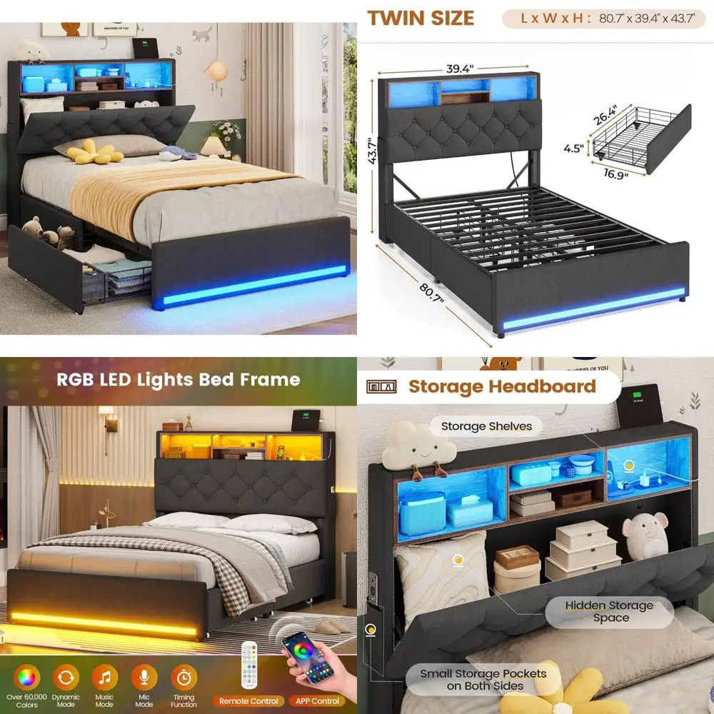 Twin Size Bed Frame with Headboard, 4 Drawers, LED Lighting, Charging Station, Upholstered and Metal Design, Comfort and Functio