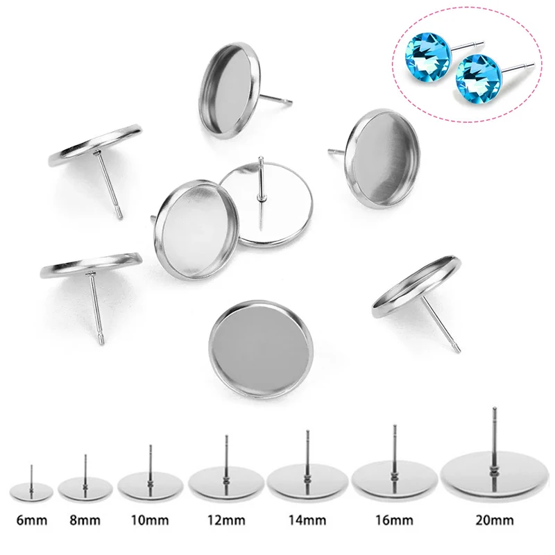 50pcs/lot Stainless Steel Blank Earring Base Settings Cabochon Stud Earrings Jewelry Making Findings DIY Earring Accessories