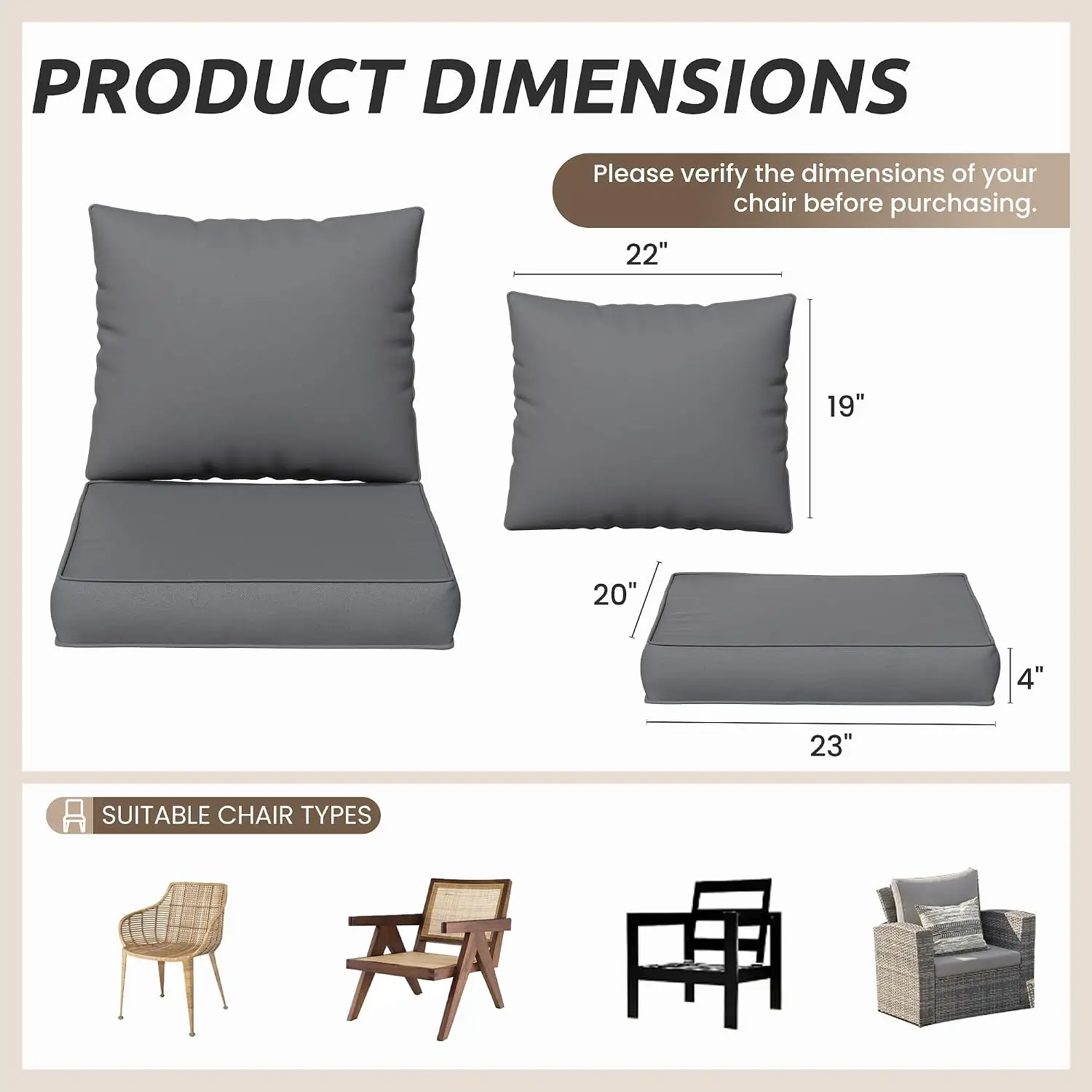 Outdoor Chair Cushions Set Of 4, Patio Furniture Replacement Seat Cushion With Removable Cover And Back Cushion, Anti-Slip Fade Resistant Waterproof Deep Seating Cushions For Garden Deck, Grey