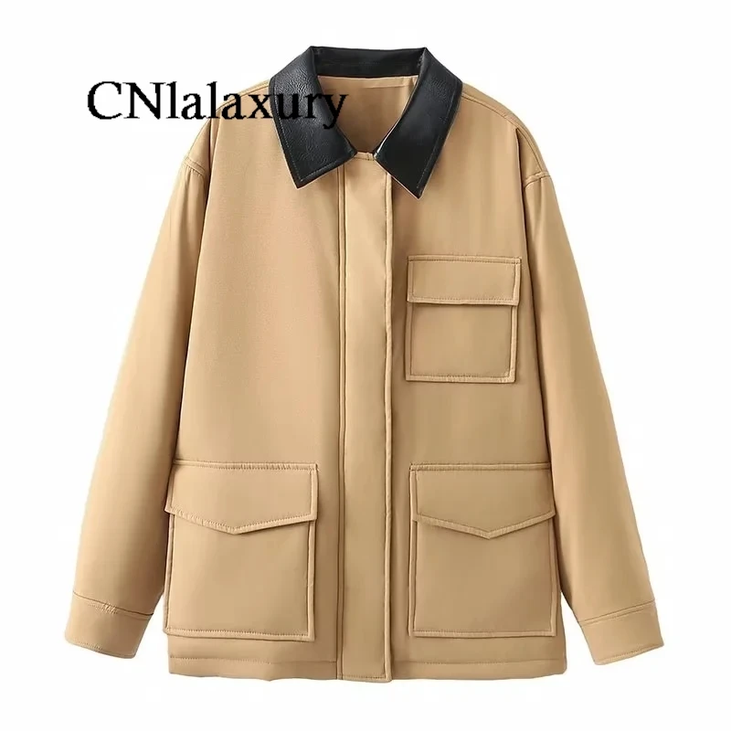 CNlalaxury Women\'s Khaki Coat With Pockets Long Sleeve Outwear Solid Warm Cargo Pu Jackets Solid Jaqueta De Couro Feminina